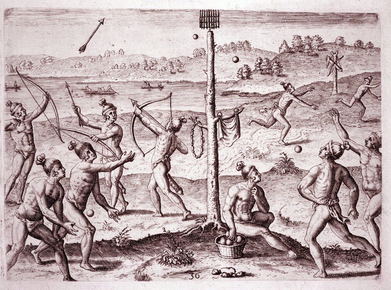 Native Americans practicing running, shooting arrows, and throwing ball, Florida (Engraving) by Theodore de Bry