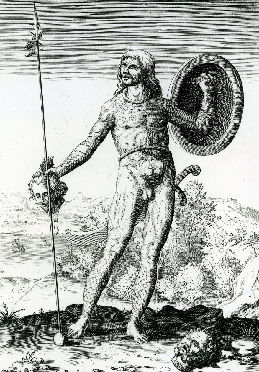 Pictish Man Holding a Human Head by Theodore de Bry