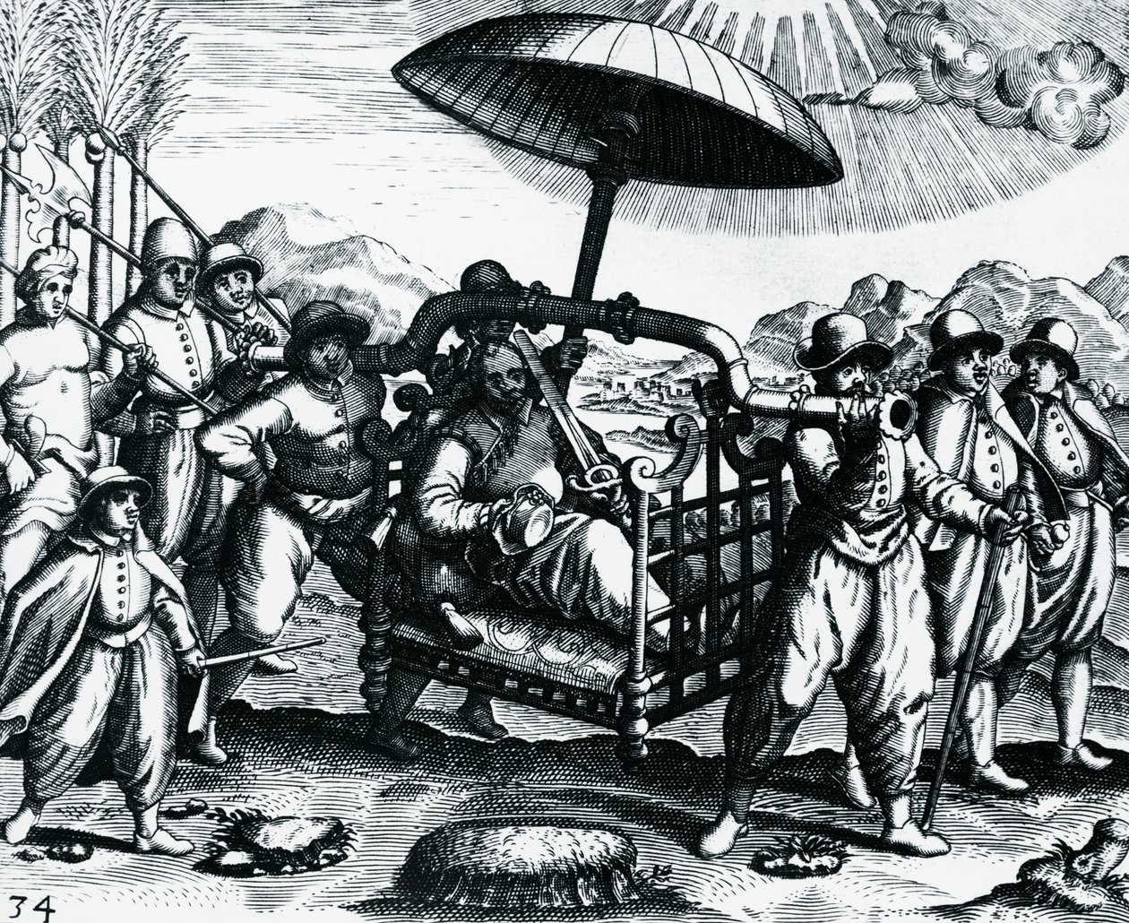 Portuguese in India, being transported on litter, engraving from Peregrinationes by Theodore de Bry