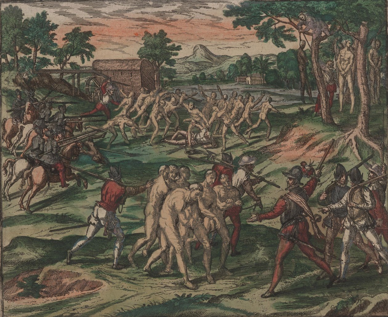 Slaves Attempt to Overcome Their Spanish Owners, but are Captured and Hanged from Trees by Theodore de Bry