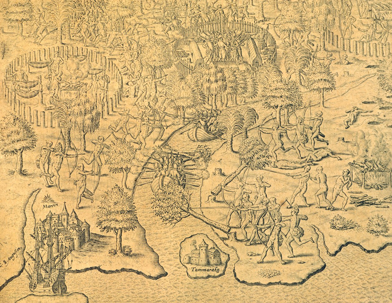 The Portuguese Push Towards the Interior and Are Attacked by a Local Tribe by Theodore de Bry