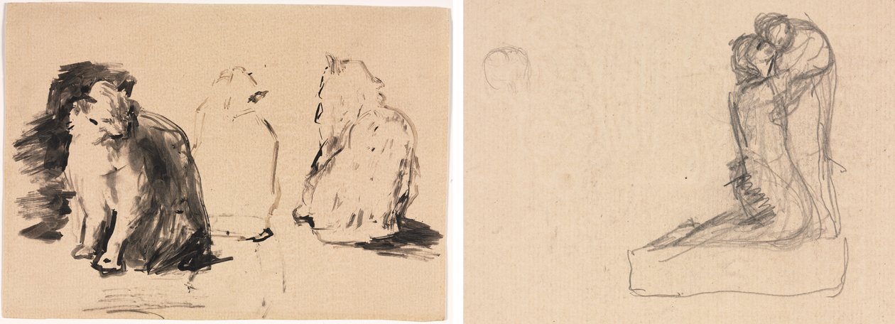 Cats (recto); Sketch of Two Figures Embracing (verso) by Theodule Ribot
