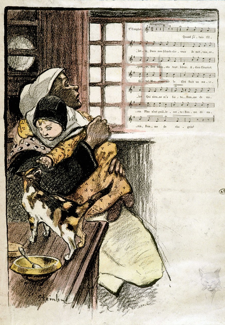 Child in the arms of a woman playing with a cat, illustrated by Steinlen for sheet music, 19th century by Théophile Alexandre Steinlen