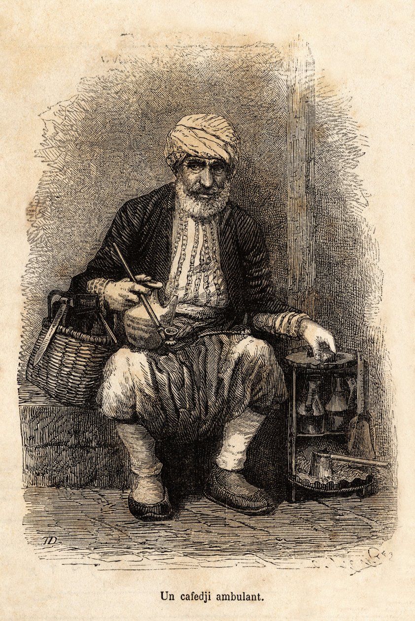 A cafe salesman (cafedji) traveling, in the bazaar of Trebizonde (present-day Trabzon, on the Black Sea coast), engraving after a drawing by the narrator, illustrating a journey to Lazistan and Armenia, of 1869, by Theophile Deyrolle, published in “Le tour by Theophile Louis Deyrolle
