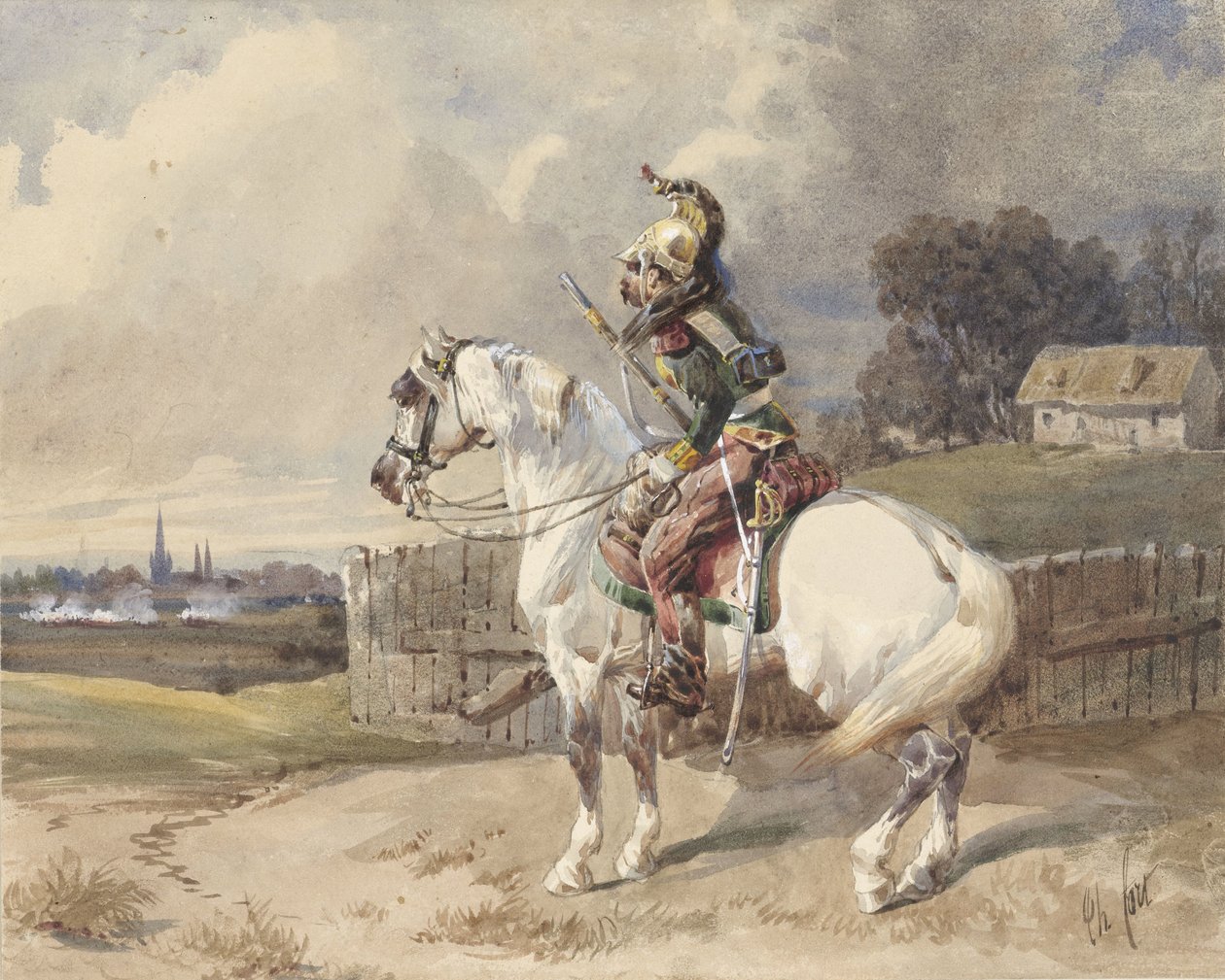 French Dragoon on a White Horse, Facing Left, in Profile by Théodore Fort (signed by artist)