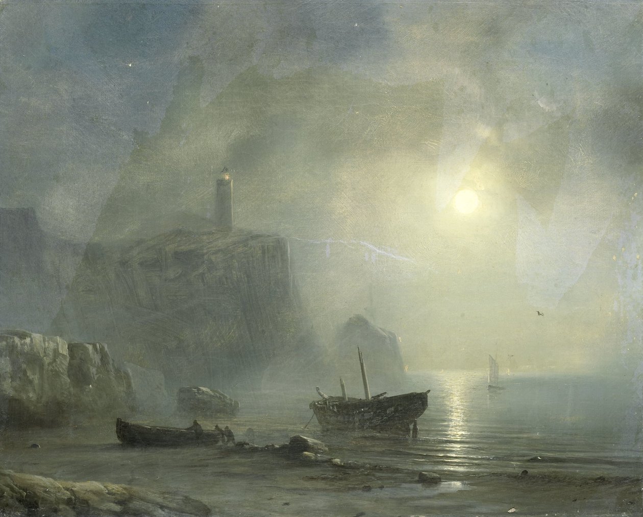 View of a Rocky Coast by Moonlight by Théodore Gudin (attributed to)