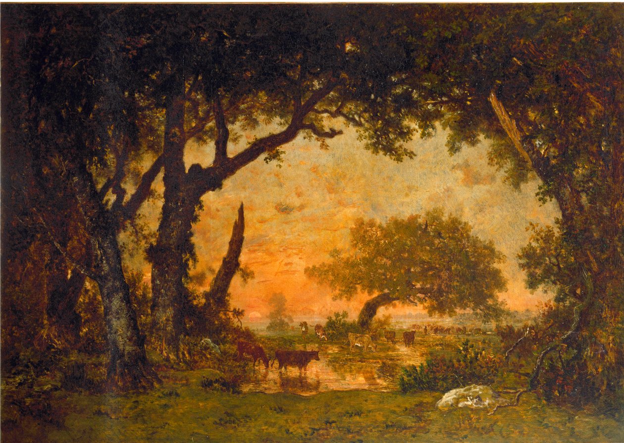 Exit of the Forest in Fontainebleau, Sunset by Pierre Etienne Theodore Rousseau