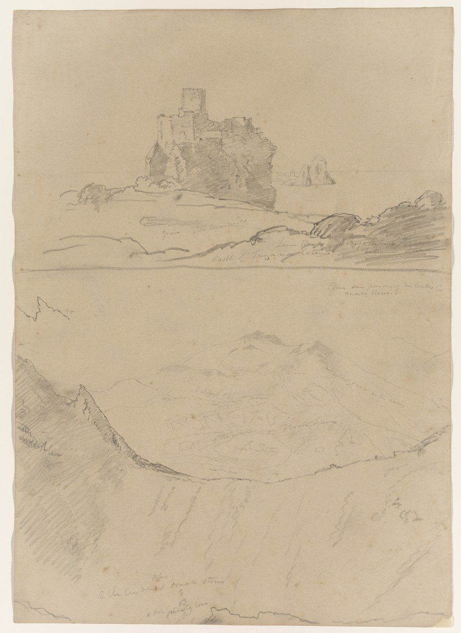 Castle of Trezza near Catania and Etna, as seen from Monte Rosso and also from one of the Craters of Monte Rosso, Sicily, 1842 by Thomas Cole