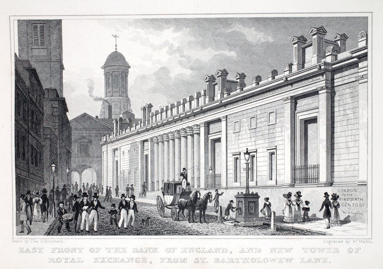 East Front of the Bank of England and New Tower of the Royal Exchange from St Bartholomew Bank, from 
