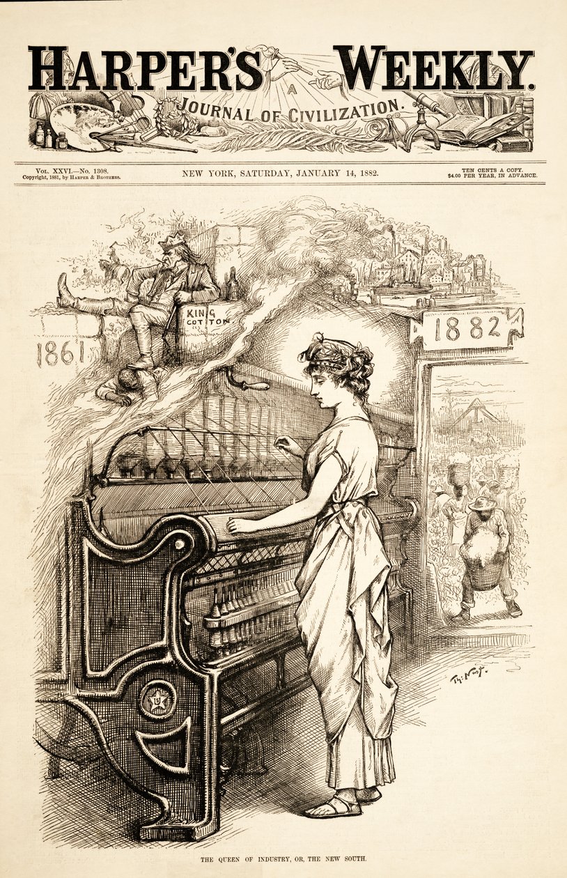 The Queen of Industry, or the New South, pub. 1882 by Thomas Nast
