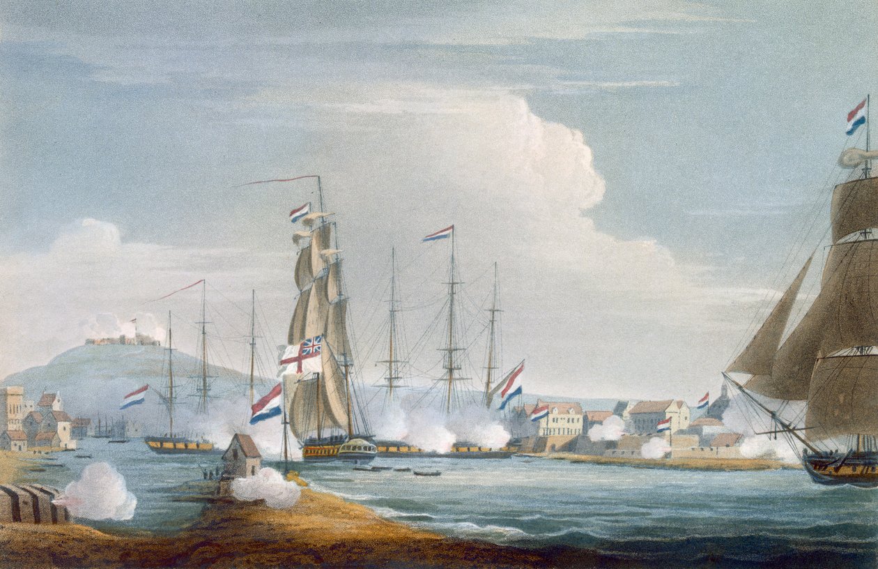 Capture of the Port of Curacoa, Dutch East Indies, Engraved by J. Bailey for 