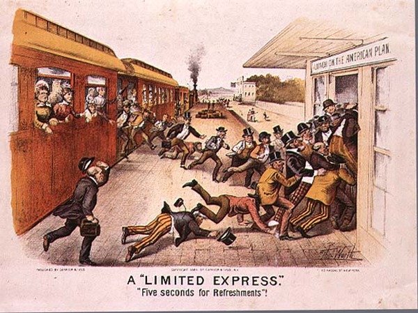 A Limited Express, Five Seconds for Refreshments, pub. by Currier and Ives in New York, 1884 by Thomas Worth