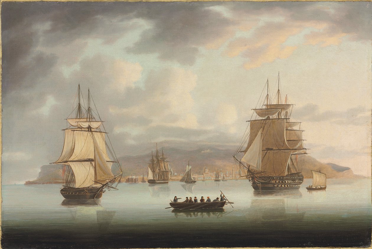 Funchal Roadstead, H.M.S. Blenheim with Greyhound and Harrier Outward Bound by Thomas Butterworth