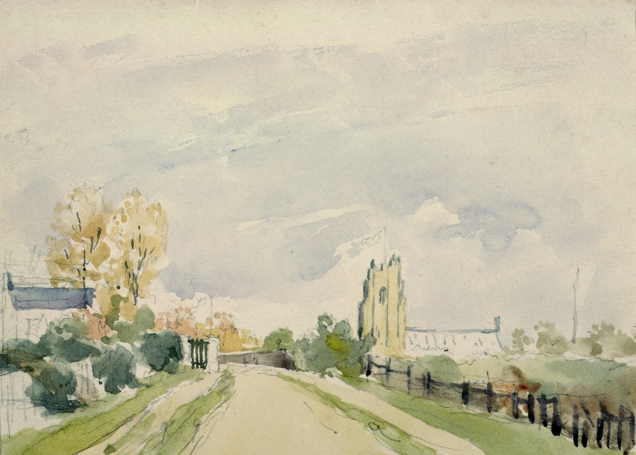 Suffolk Landscape, a Wide Road with a Small House, a Church and Trees by Thomas Churchyard