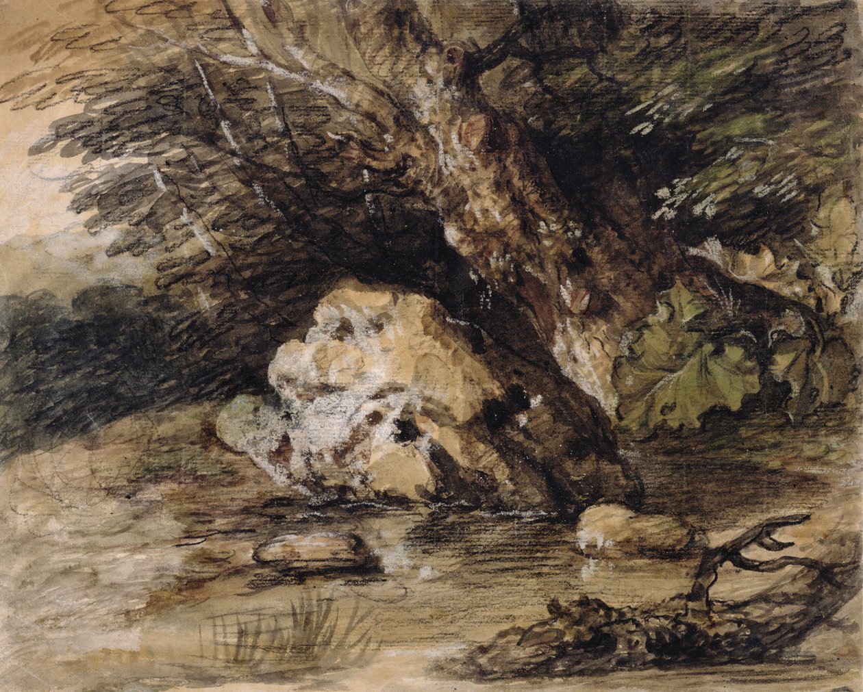 A Hilly Landscape with Figures Approaching a Bridge, c.1763 by Thomas Gainsborough