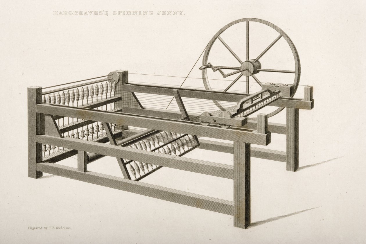 The Spinning Jenny, invented by James Hargreaves in 1764