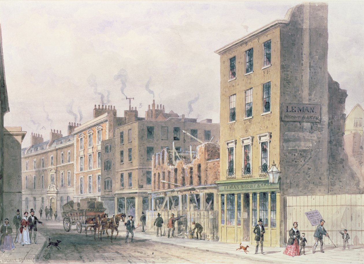 View in Threadneedle Street, Pulling Down for Improvements, Merchant Taylors, Hall or Alderman Moon Print Shop at Corner of Finch Lane by Thomas Hosmer Shepherd