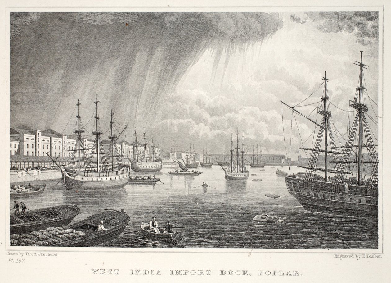 West India Docks, Isle of Dogs, from London and its Environs in the Nineteenth Century by Thomas Hosmer Shepherd