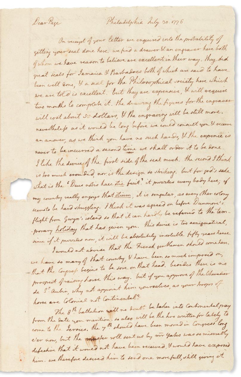 Autograph Letter to John Page, Philadelphia, 30 July 1776 by Thomas Jefferson