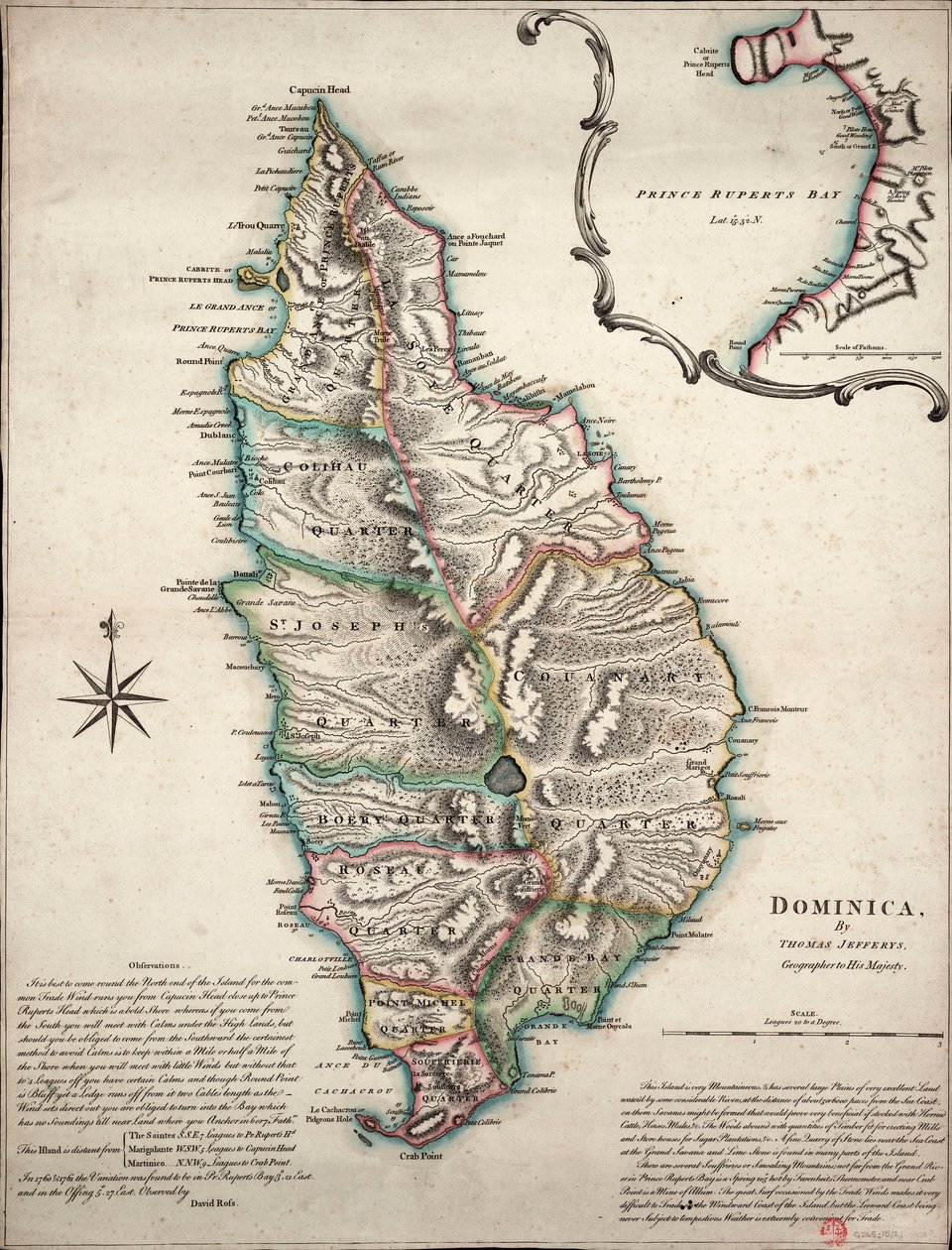 Colour Map of Dominica with Detailed Geographical Observations, c.1760 by Thomas Jefferys