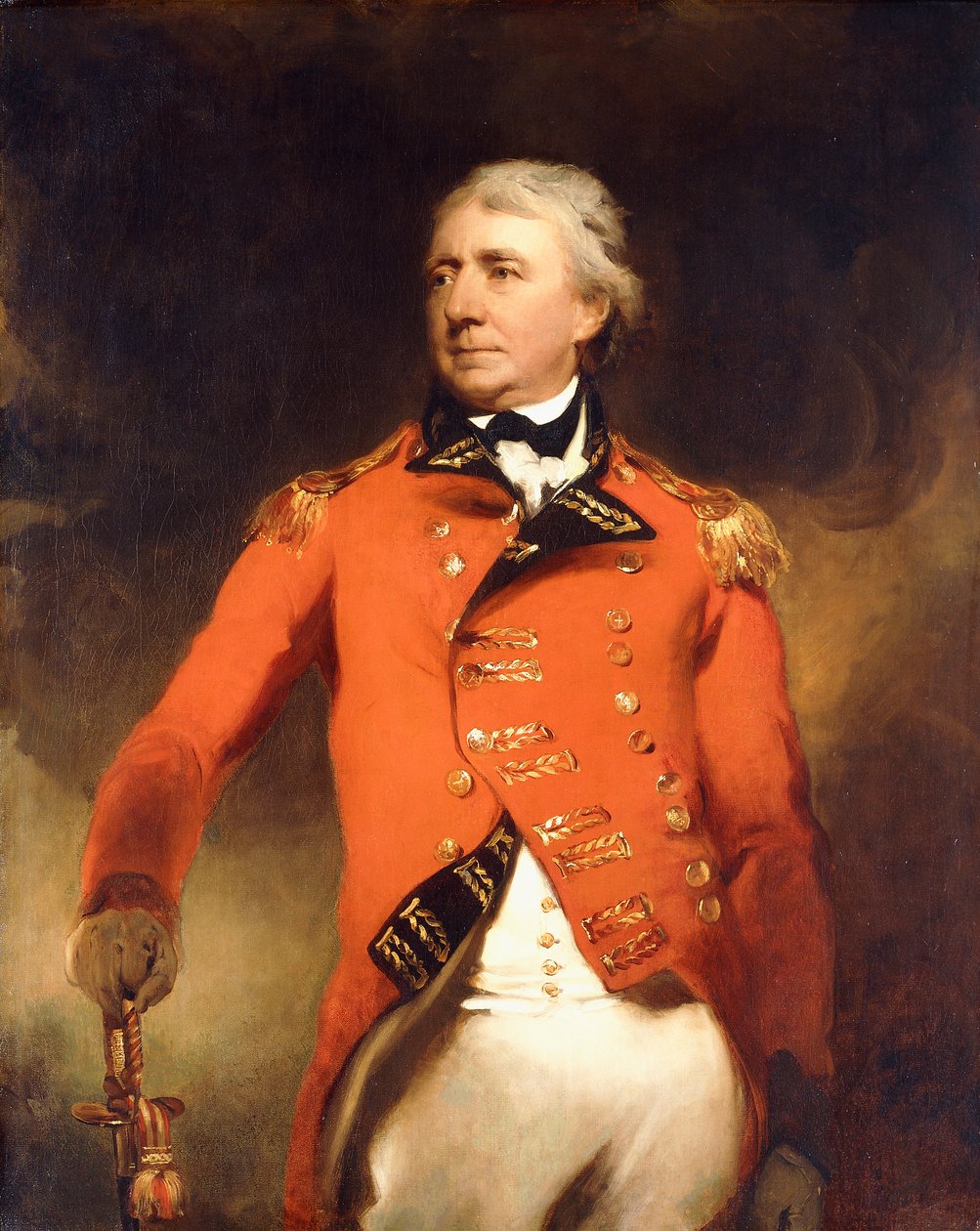 Portrait of General James Stuart standing three-quarter length, wearing a red uniform with gold frogging by Thomas Lawrence