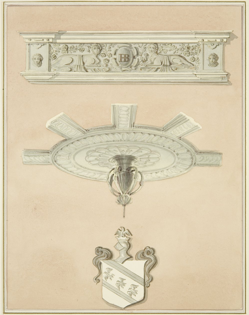 Details of room in the Law Library, including central ceiling pendant and cornice by Thomas Leeson the Elder Rowbotham