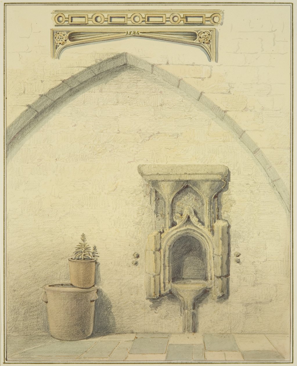 Piscina, Frieze and Spandrels in Courtyard of 131 Temple Street by Thomas Leeson the Elder Rowbotham