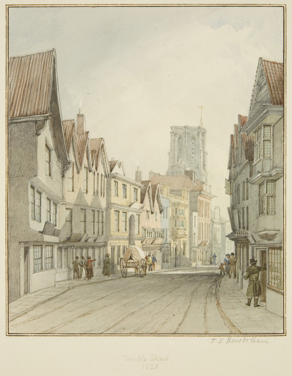 Temple Street, showing the tower of Temple Church by Thomas Leeson the Elder Rowbotham