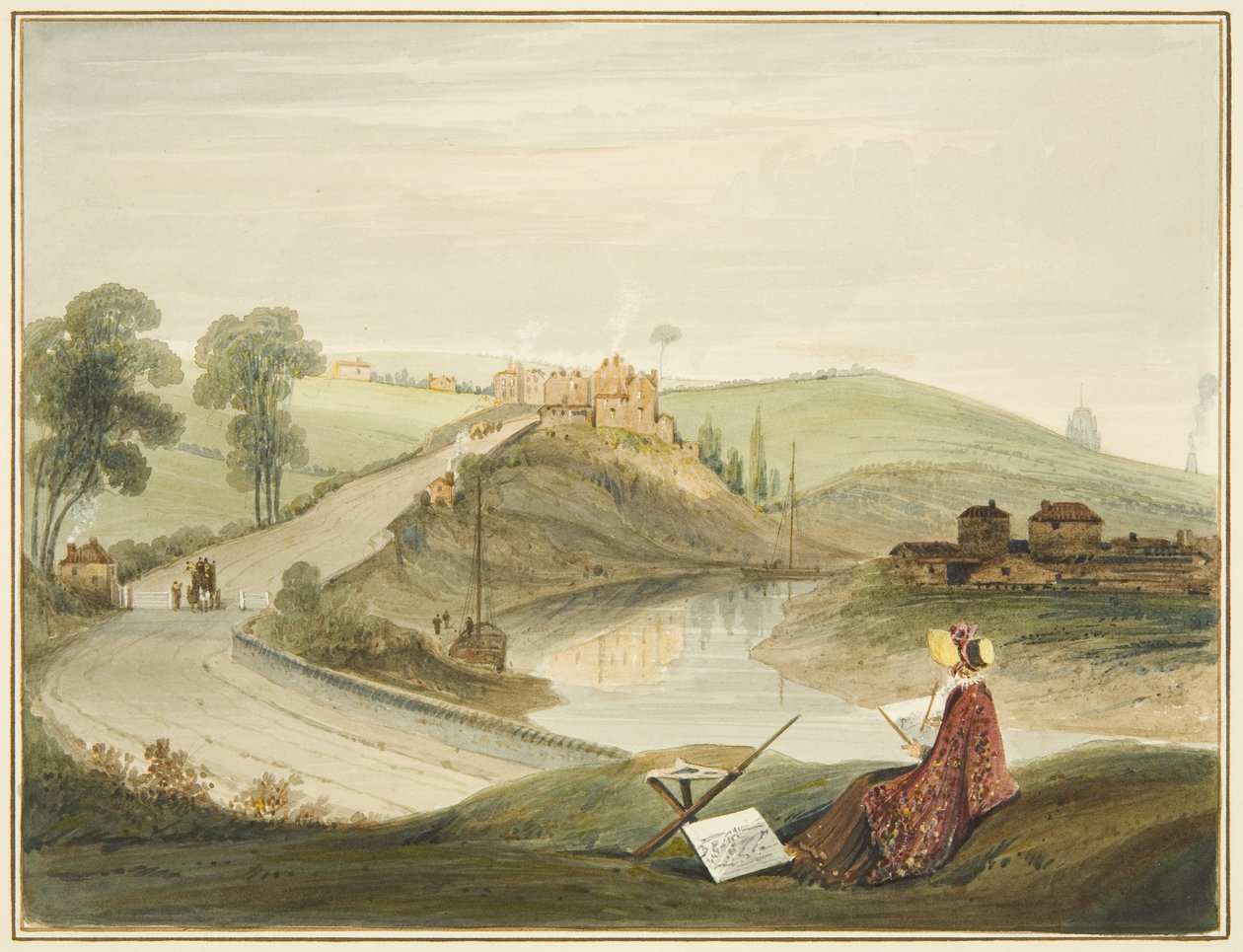 Totterdown and Pile Hill from Bath Road, showing the Brislington Turnpike (with a Miss Braikenridge? Sketching) by Thomas Leeson the Elder Rowbotham
