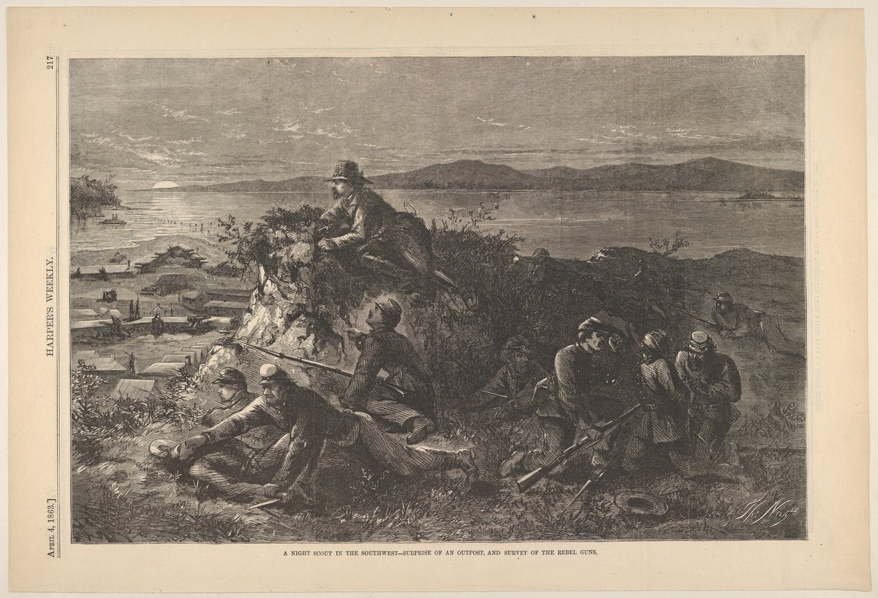 A Night Scout in the Southwest - Surprise of an Outpost, April 4, 1863 by Thomas Nast