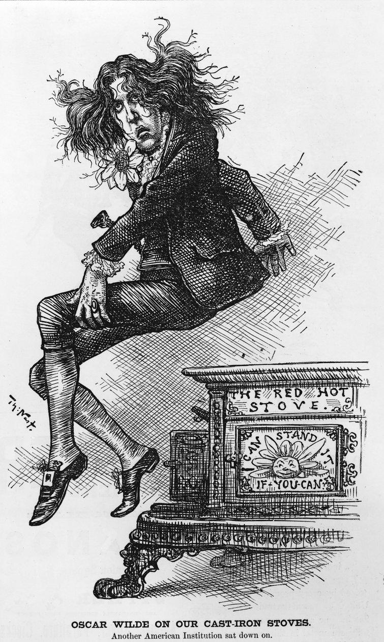Oscar Wilde on our Cast-Iron Stoves. Another American Institution sat down on, illustration from Harpers Weekly by Thomas Nast