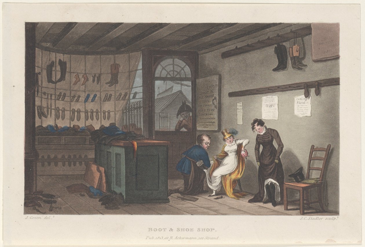 Boot & Shoe Shop, from Poetical Sketches of Scarborough, 1813 by Thomas Rowlandson, Joseph Constantine Stadler, J. Bluck