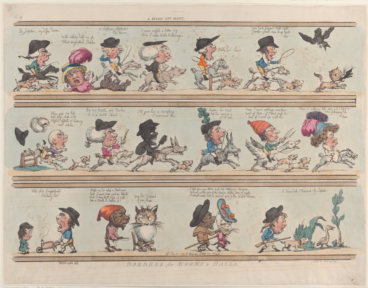 A Pygmy Cat Hunt, Borders for Rooms & Halls, Plate 9, June 20, 1799 by Thomas Rowlandson