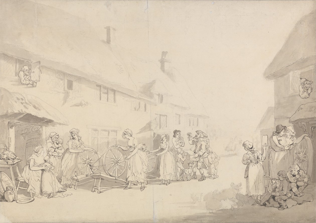A Village Scene with Girls Spinning by Thomas Rowlandson