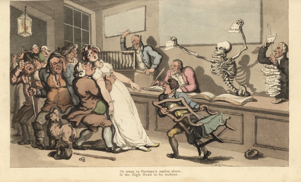 A woman expires in shock at the sight of a blank piece of paper brandished by the skeleton of Death in a Lottery Office by Thomas Rowlandson