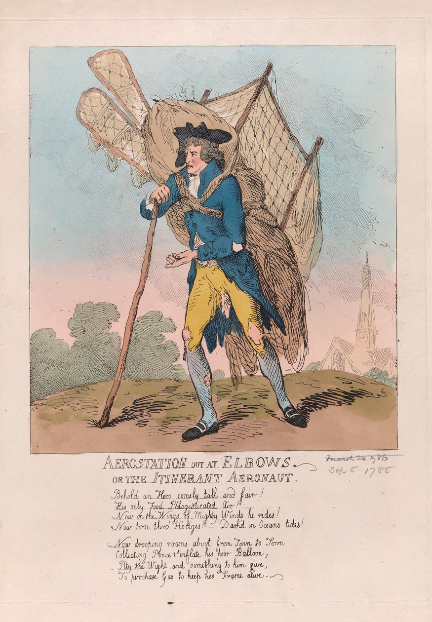 Aerostation out at Elbows or the Itinerant Aeronaut, pub. 1785 by Thomas Rowlandson
