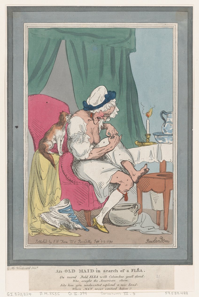 An Old Maid In Search of a Flea by Thomas Rowlandson