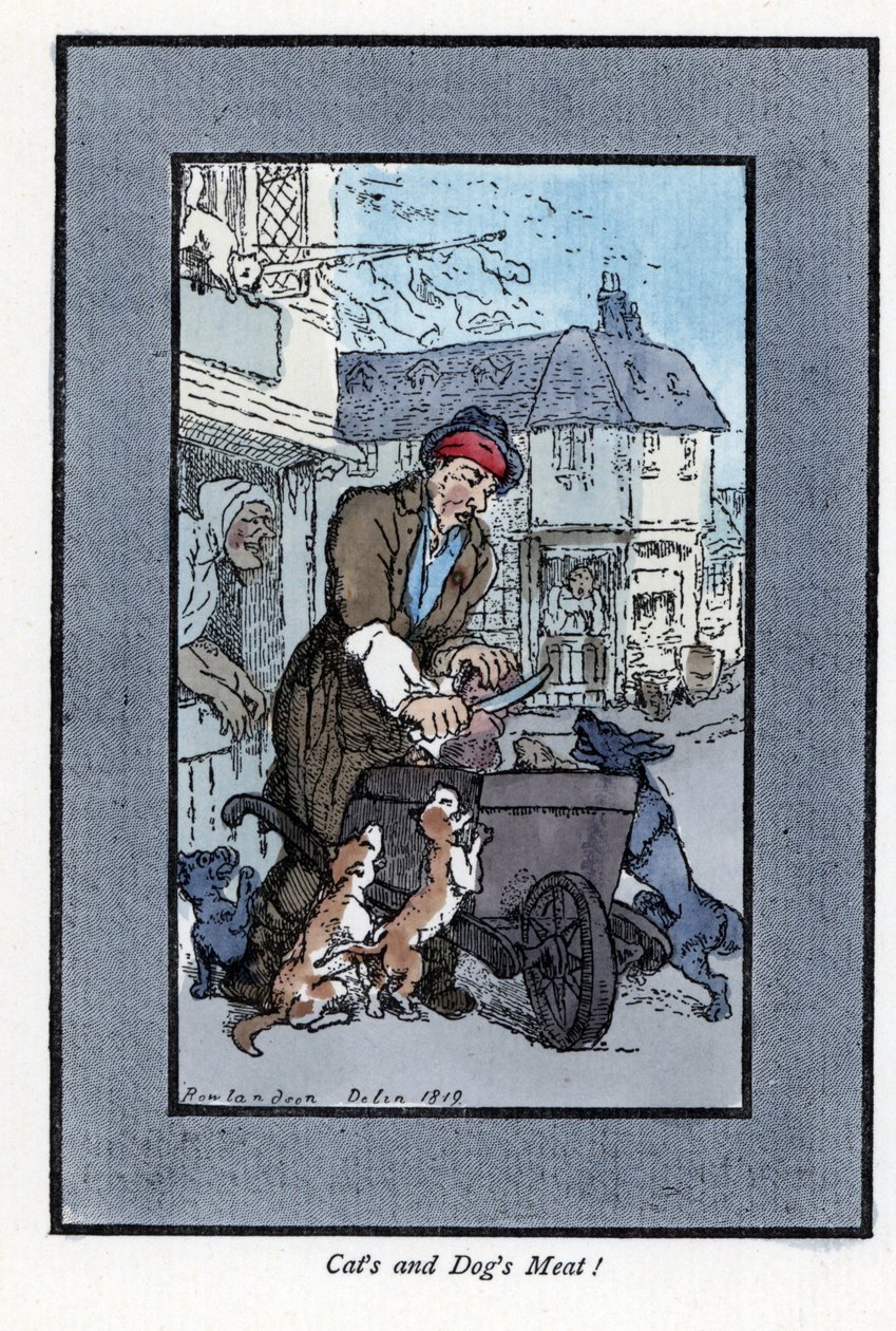 Butcher itinerant cutting a piece of meat, said that dogs and cats attack the wheel of his wheelbarrow. Wood engraving, based on a painting by Thomas Rowlandson by Thomas Rowlandson