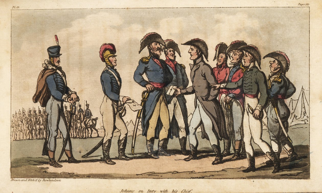 Captain Johnny Newcome on Duty as Aide de Camp to the Duke of Wellington during the Peninsula Campaign. Handcoloured Copperplate Engraving Drawn and Etched by Thomas Rowlandson from Colonel David Roberts