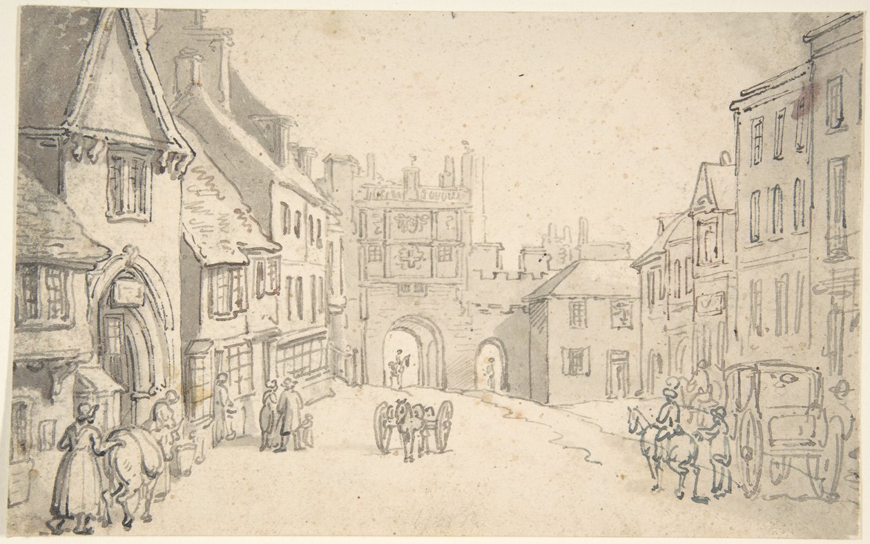 City View with Medieval Gate (perhaps York) by Thomas Rowlandson