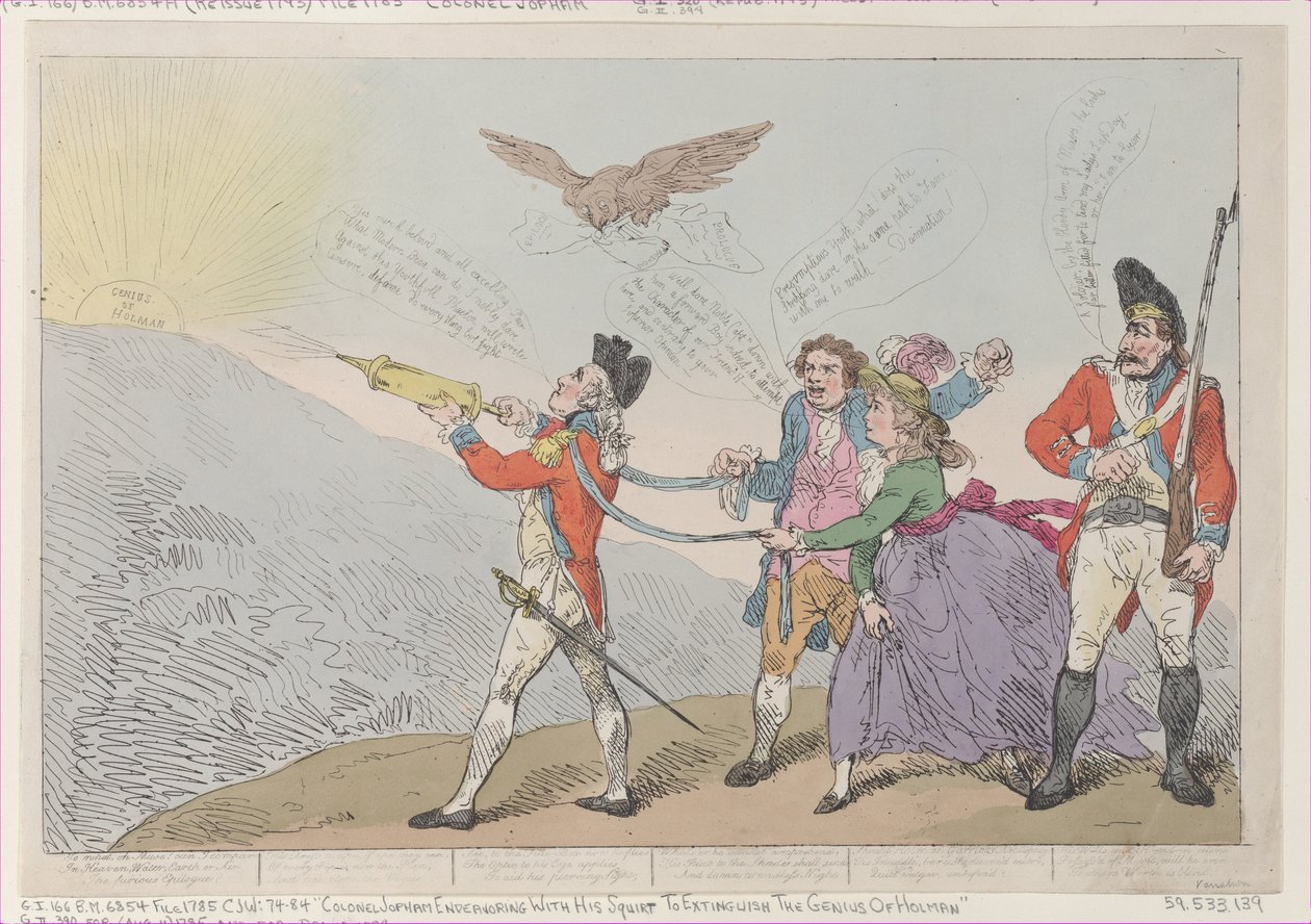 Col. Topham Endeavoring with his Squirt to Extinguish the Genius of Holman, October 5, 1785 by Thomas Rowlandson