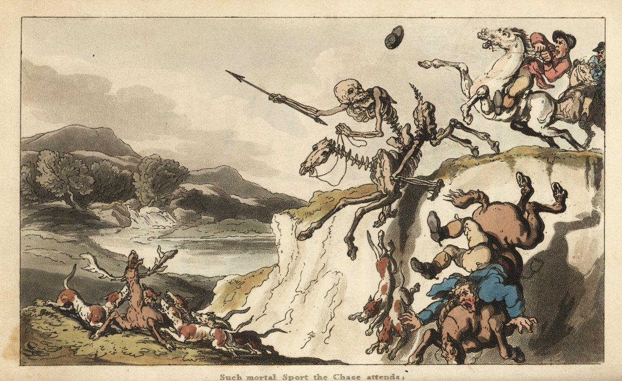 Death with His Dart on a Skeletal Horse Rides Over a Cliff as an Unfortunate Huntsman and His Dogs Fall to Their Deaths. Other Hunting Dogs Tear Apart a Stag (Handcoloured Copperplate by Thomas Rowlandson) by Thomas Rowlandson