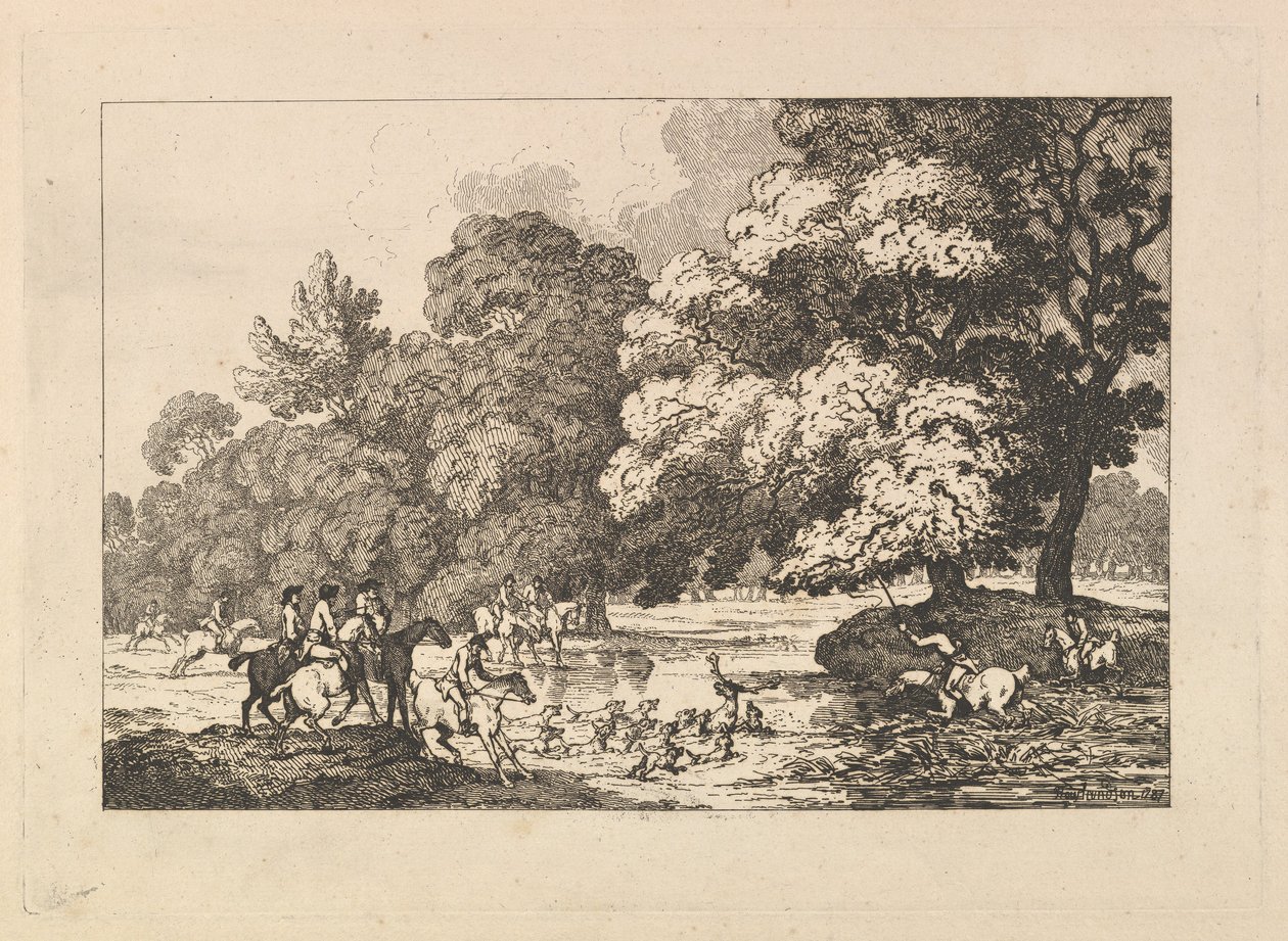Deer Hunting – A Landscape Scene with Stag and Hounds in a River by Thomas Rowlandson