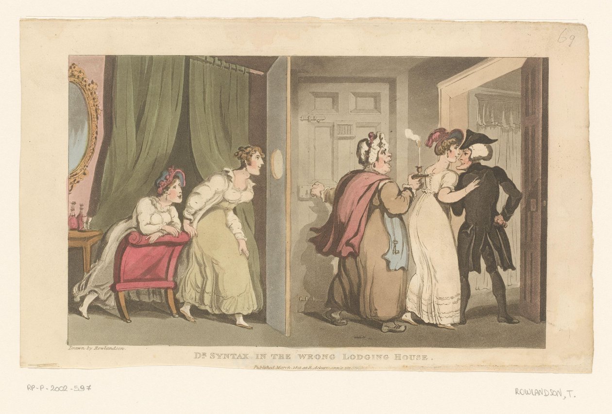 Doctor Syntax Led Through a Door by Two Women by Thomas Rowlandson