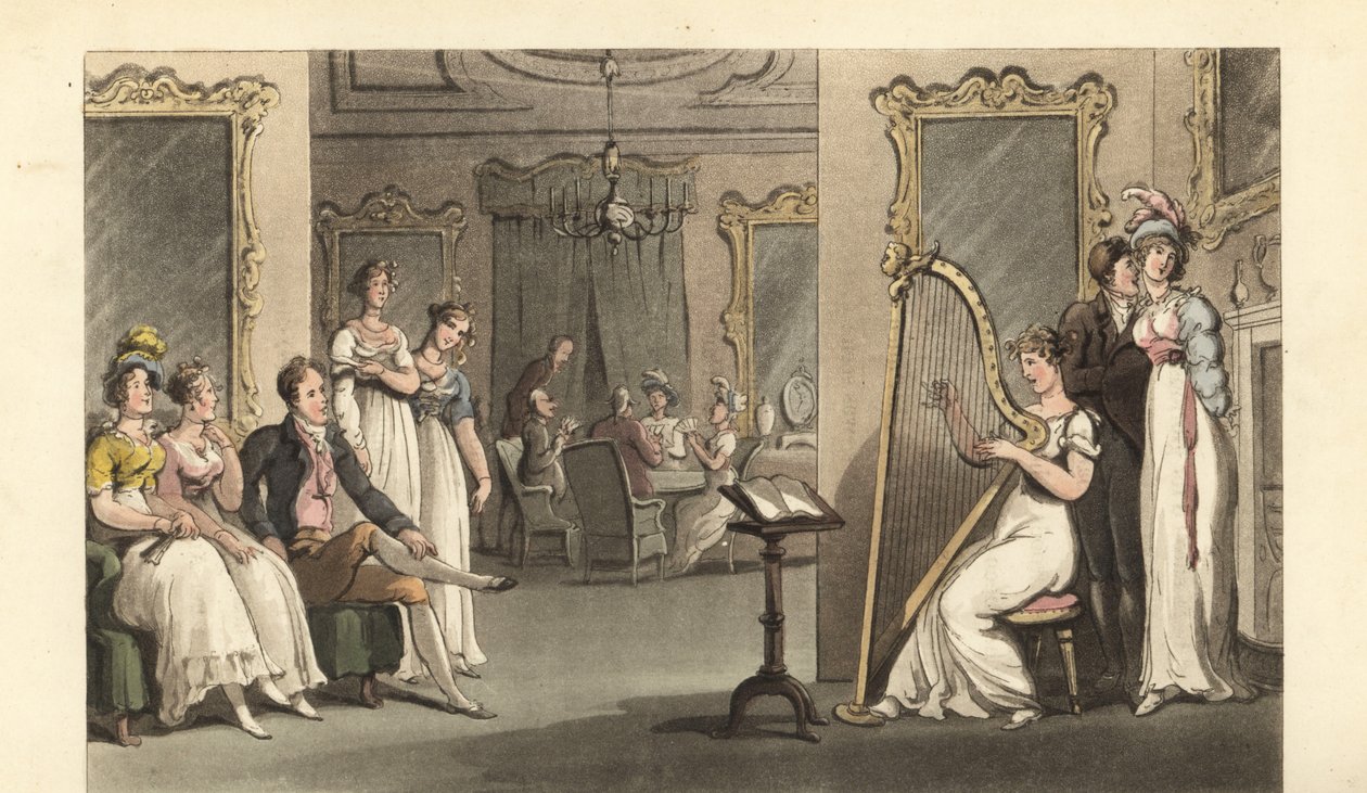English Gentleman and Ladies Listening to a Harpist at a Ball by Thomas Rowlandson
