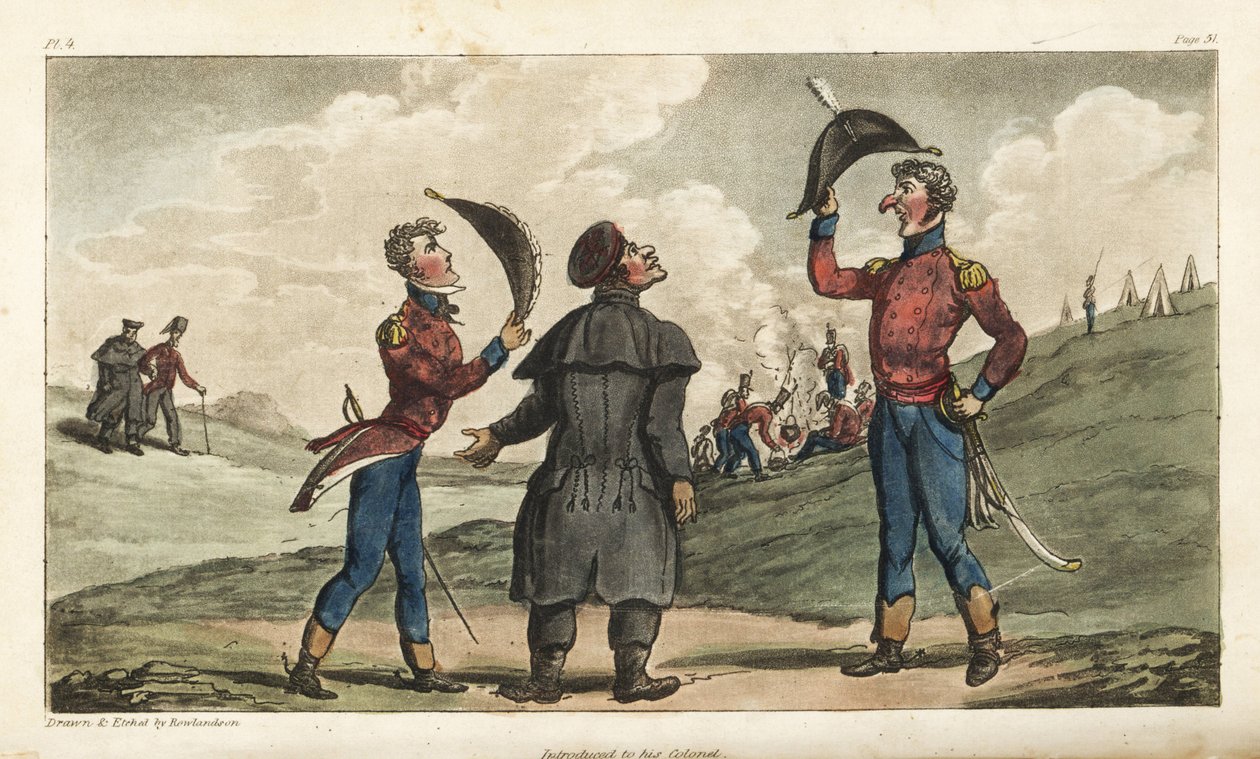 Ensign Johnny Newcome Introduced to the Colonel of his Regiment before the Battle of Salamanca. Handcoloured Copperplate Engraving Drawn and Etched by Thomas Rowlandson from Colonel David Roberts