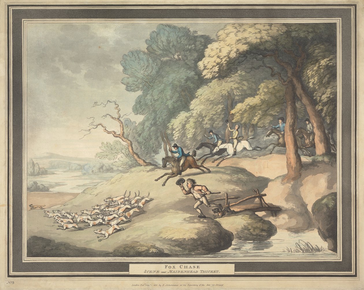 Fox-hunting [set of four]: 3. Fox Chase / Scene near Maidenhead Thicket by Thomas Rowlandson