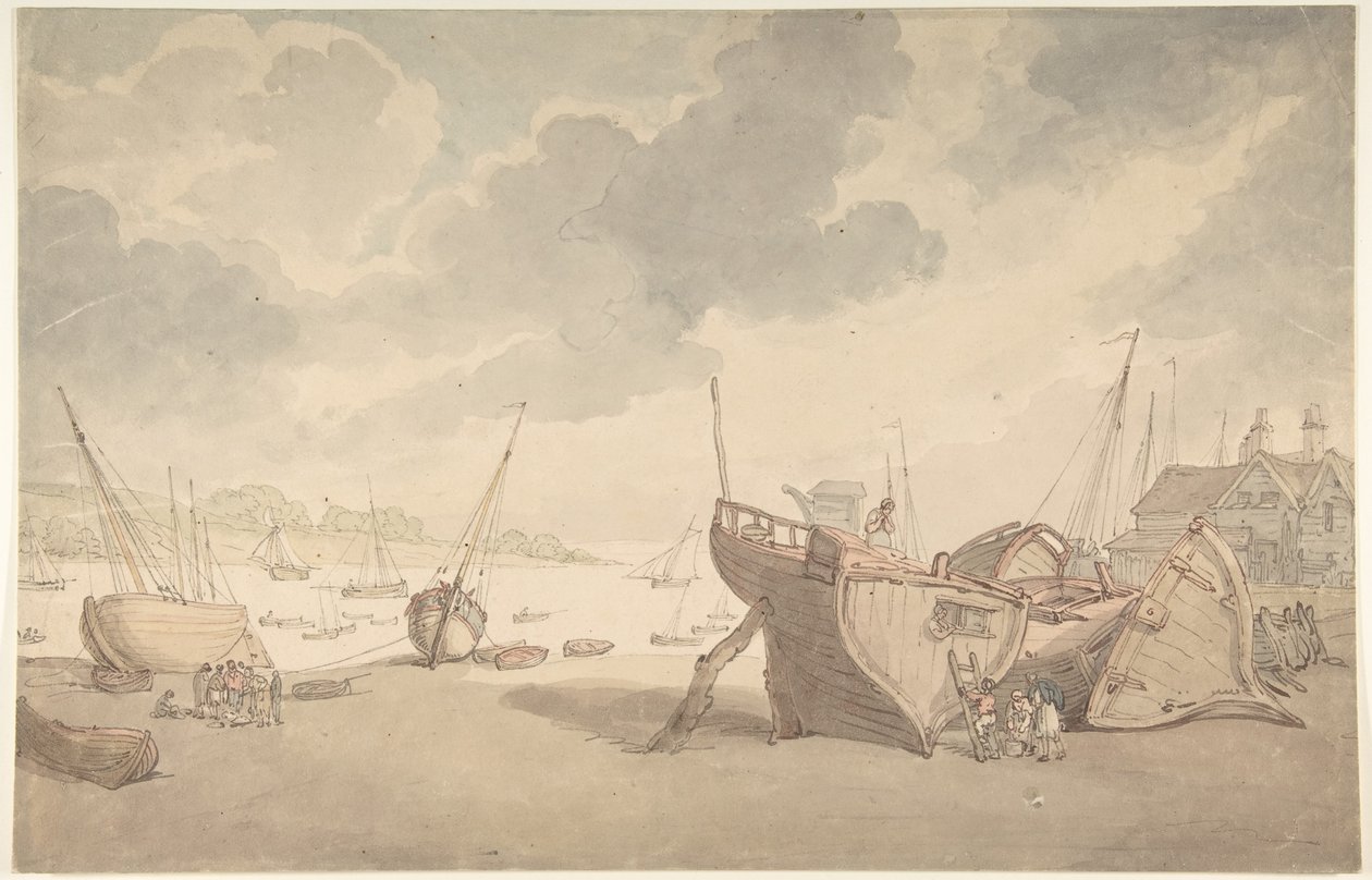 Harbor Scene with the Tide Out, and Beached Boats by Thomas Rowlandson