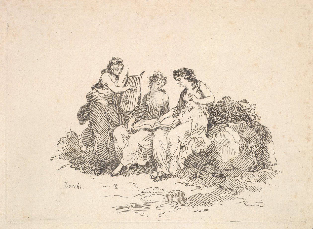 Harmony - Two Nymphs Singing, Another Playing a Lyre by Thomas Rowlandson