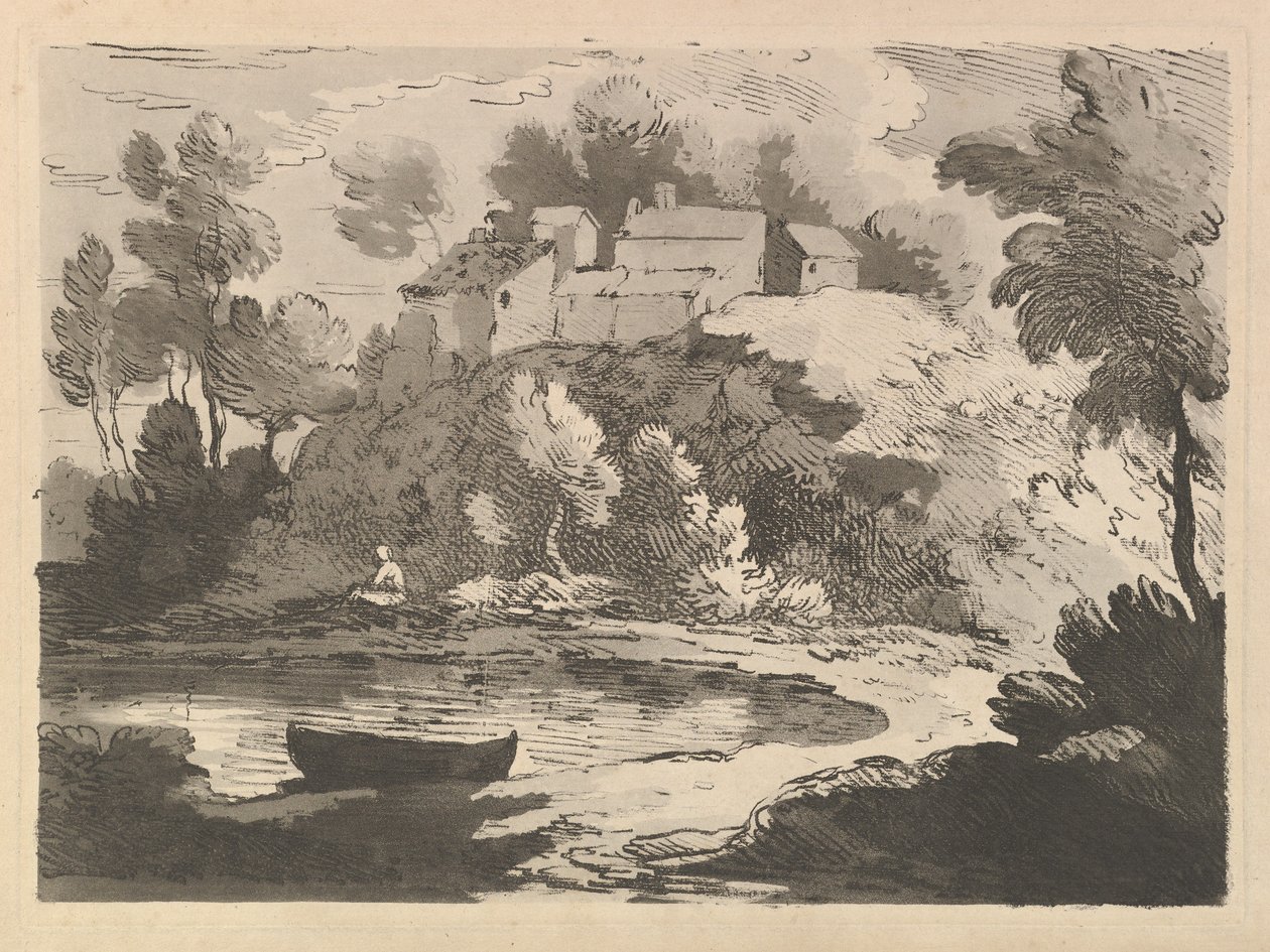 Hilly River Landscape, a Boat in the Water at Foreground Left, a Figure on the Far Shore... by Thomas Rowlandson